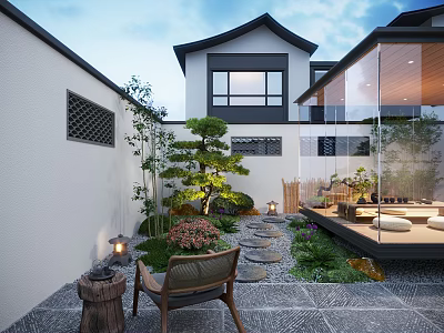 Japanese Style Courtyard Garden With Stone Path Pine Tree And Outdoor Lanterns 3d model