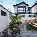 Japanese Style Courtyard Garden With Stone Path Pine Tree And Outdoor Lanterns