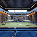 Modern Billiard Room Interior With Multiple Pool Tables Cues And Lighting