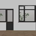 Black Modern Windows with Glass Panels Green Plants on Windowsill White Wall Wooden Floor