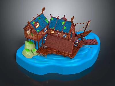 Cartoon Scene Featuring Wooden Hut On Water With Blue Roof And Small Boat 3d model