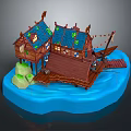 Cartoon Scene Featuring Wooden Hut On Water With Blue Roof And Small Boat