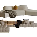 Modular Modern Beige Upholstered Sectional Sofa With Pillows And Throw Blankets