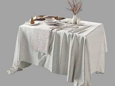 White Quilted Tablecloth On Dining Table With Tableware Vase And Decorations 3d model