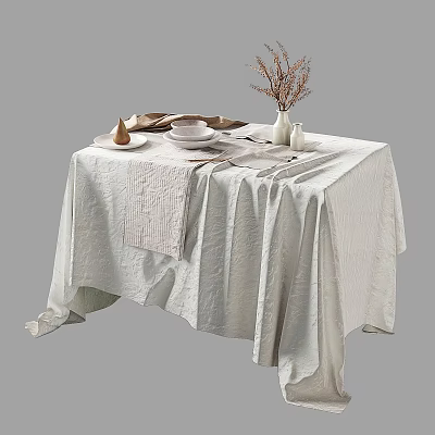 White Quilted Tablecloth On Dining Table With Tableware Vase And Decorations 3d model
