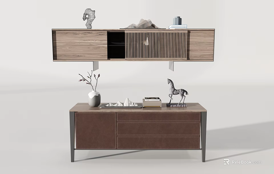 Floating Wooden TV Cabinet With Slatted Design Brown Drawers Vase Zebra Decor Books 3d model 