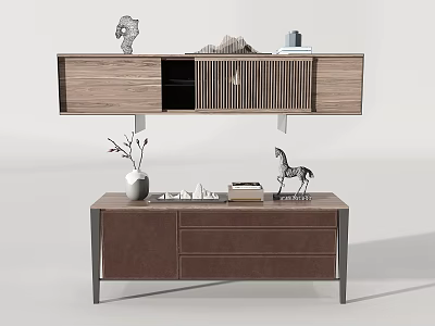Floating Wooden TV Cabinet With Slatted Design Brown Drawers Vase Zebra Decor Books 3d model