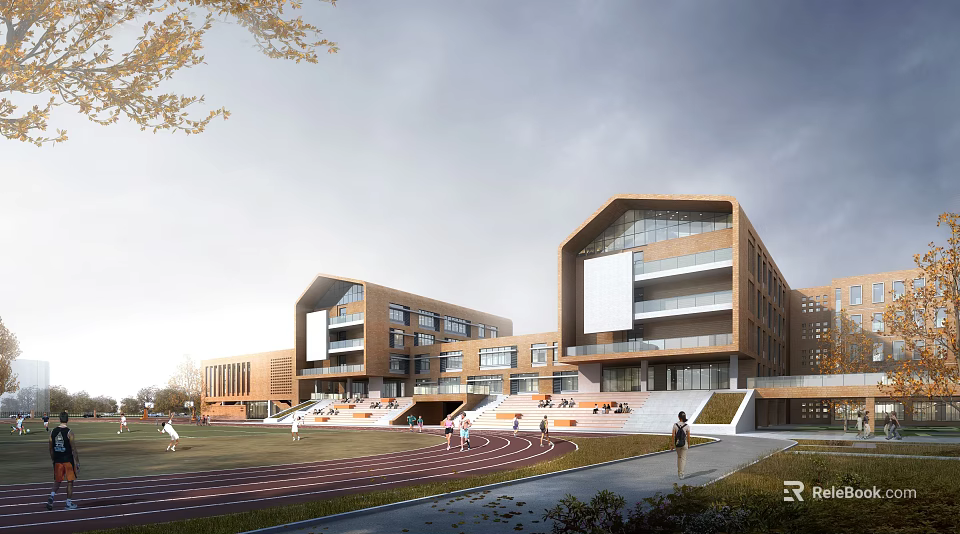 Modern Multi level School Building With Orange Brick Exterior Large Windows Terraces And Playground Running Track 3d model 
