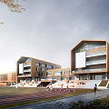 Modern Multi level School Building With Orange Brick Exterior Large Windows Terraces And Playground Running Track