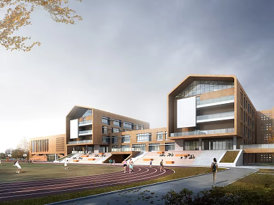 Modern Multi level School Building With Orange Brick Exterior Large Windows Terraces And Playground Running Track 3d model