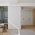 Modern Walk in Closet Interior With White Cabinets Open Hanging Area And Herringbone Wood Floor