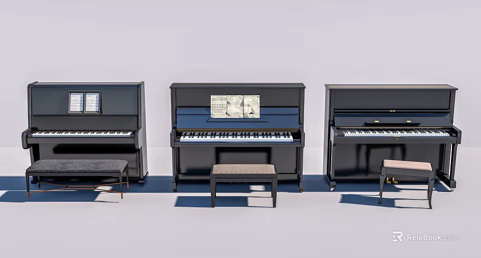 Three Black Upright Pianos With Music Sheets And Benches For Musical Instruments 3d model 
