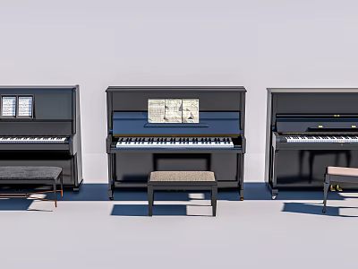 Three Black Upright Pianos With Music Sheets And Benches For Musical Instruments 3d model