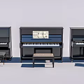 Three Black Upright Pianos With Music Sheets And Benches For Musical Instruments