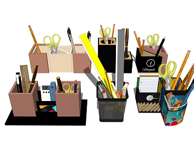 Colorful Office Desk Organizers With Pencil Holders Scissors Pencils Rulers And Notepads 3d model