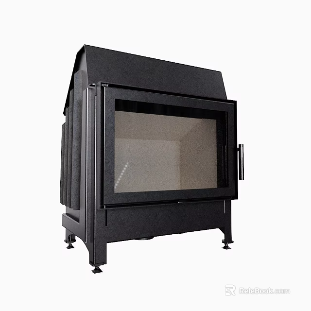Modern Black Fireplace With Glass Door And Metal Frame Stand Legs 3d model 