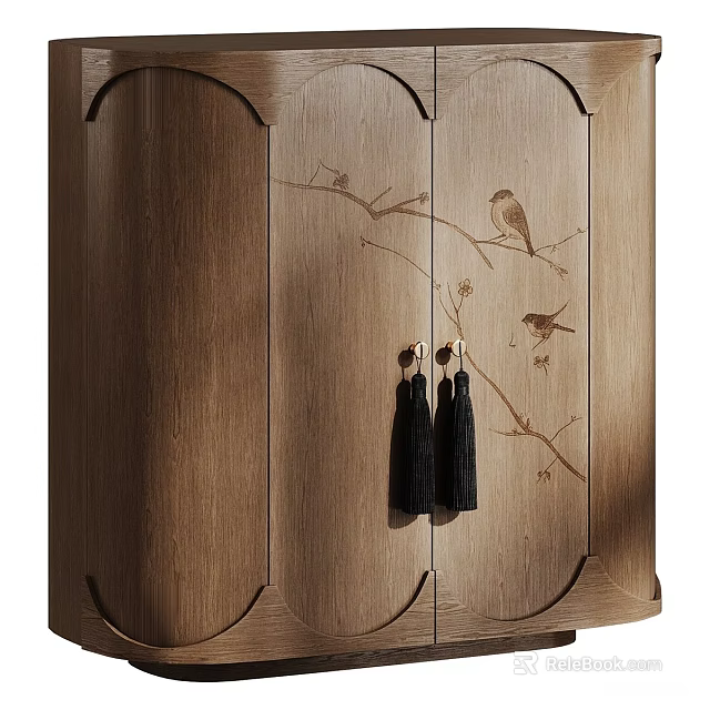 Wooden Entryway Console Side Cabinet With Bird Branch Design And Black Tassel Handles 3d model 