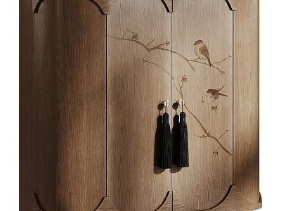 Wooden Entryway Console Side Cabinet With Bird Branch Design And Black Tassel Handles 3d model