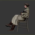Vintage Long Trench Coat With Hat Cane And Leather Boots On Wooden Chair