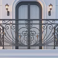 Classic Black Iron Balcony Railing With Ornate Curved Patterns And Wall Lamps