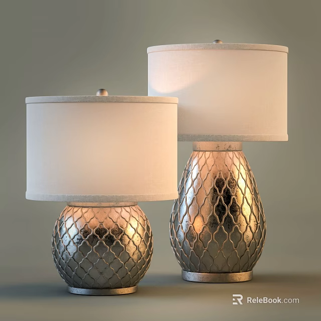 Modern Decorative Two Silver Mesh Design Table Lamps With White Lampshades 3d model