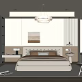 Modern Bedroom Interior With Beige Walls Decorative Painting Pendant Light Bedside Tables And Accent Chair