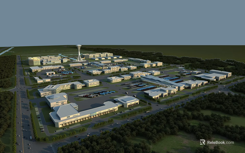 Industrial Factory Complex Aerial View Featuring Multiple Buildings Roads Parking And Greenery 3d model 