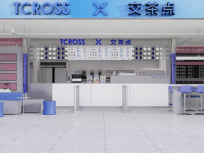 Bright TCROSS Milk Tea Shop Interior With Counter Menu Board And Blue Seating Area 3d model