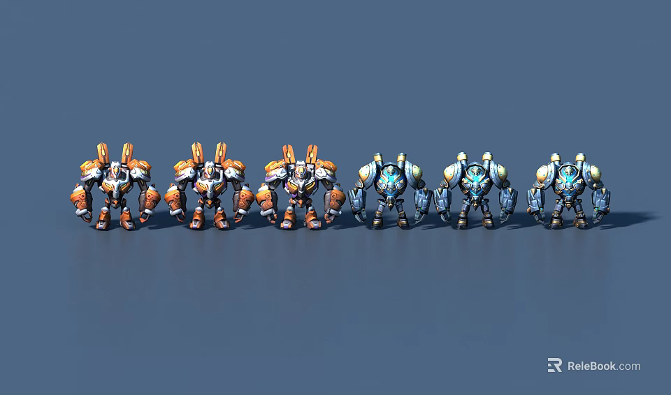 Multiple Orange And Blue Robot Game Film Characters Arranged In A Row 3d model 