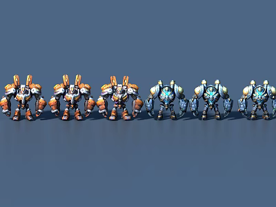 Multiple Orange And Blue Robot Game Film Characters Arranged In A Row 3d model