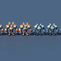 Multiple Orange And Blue Robot Game Film Characters Arranged In A Row