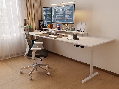 White Home Office Desk With Dual Monitors Ergonomic Chair Potted Plant And Toys 3d model