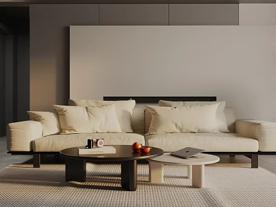 Modern Cream Colored Three Seater Sofa With Plush Cushions And Coffee Table In Living Room 3d model