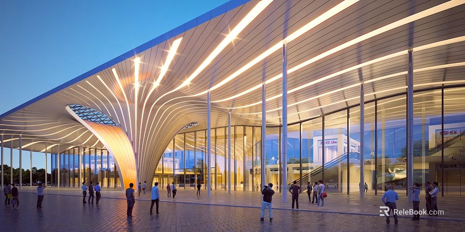 Modern Sales Office Building With Illuminated Curved Roof And Glass Facade Design 3d model 