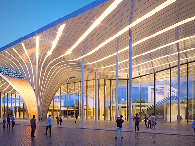 Modern Sales Office Building With Illuminated Curved Roof And Glass Facade Design 3d model