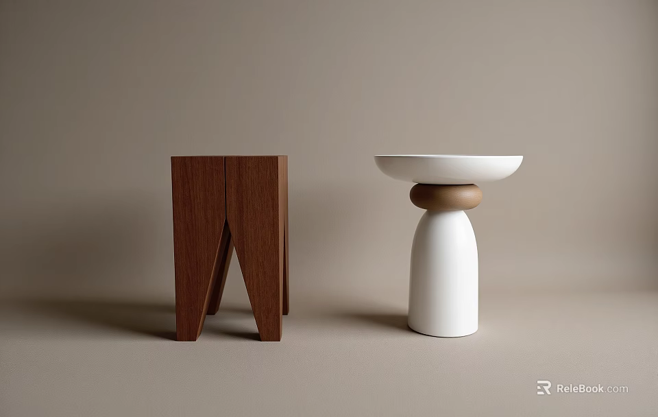 Minimalist Tea Table With Walnut Wood Stand And White Ceramic Top 3d model 