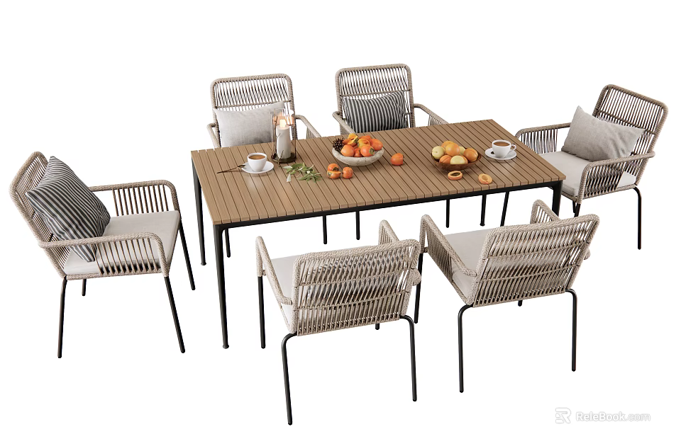 Contemporary Outdoor Dining Table With Six Rattan Chairs Wooden Tabletop And Fresh Fruits On It 3d model 