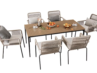 Contemporary Outdoor Dining Table With Six Rattan Chairs Wooden Tabletop And Fresh Fruits On It 3d model