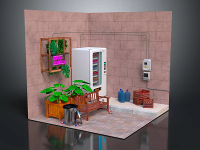 Indoor Interior Scene with Vending Machine Green Plants Wooden Bench Tiled Walls and Blue Bottles 3d model
