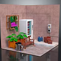 Indoor Interior Scene with Vending Machine Green Plants Wooden Bench Tiled Walls and Blue Bottles