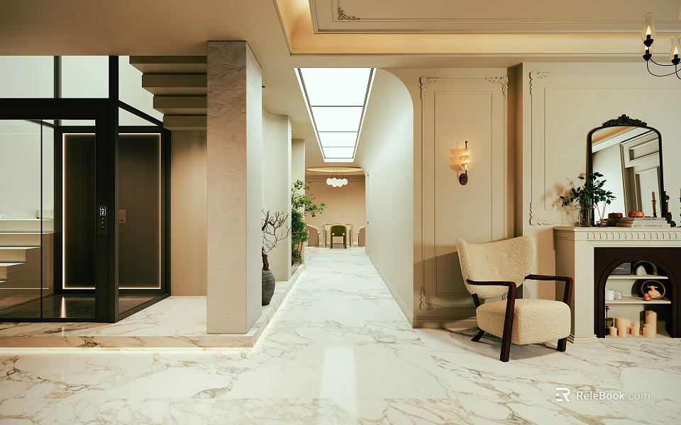 Luxury Basement Interior With Marble Floor Armchair Plants And Skylight 3d model 