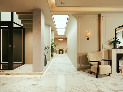 Luxury Basement Interior With Marble Floor Armchair Plants And Skylight 3d model