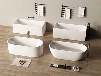 Sleek Modern Design White Bathtubs In Various Shapes With Bathroom Accessories On Wooden Floor 3d model