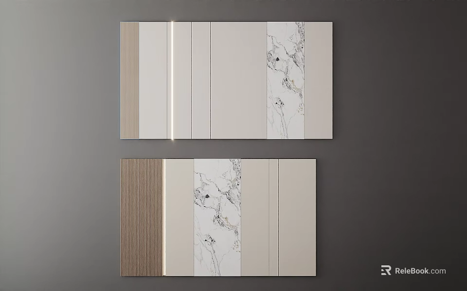 Modern Minimalist Background Wall Design With Wood Grain Panels And Marble Patterns 3d model
