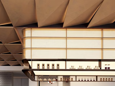 Bar Interior Featuring Geometric Ceiling Design And Textured Partition With Wine Bottle Shelves 3d model