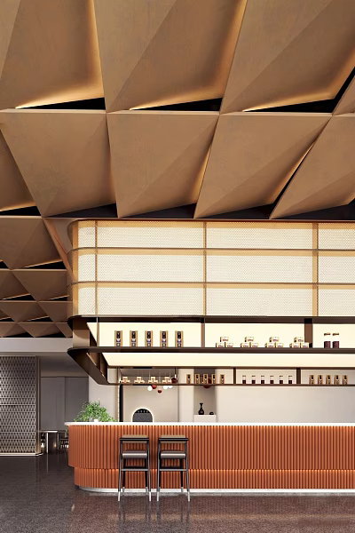 Bar Interior Featuring Geometric Ceiling Design And Textured Partition With Wine Bottle Shelves 3d model