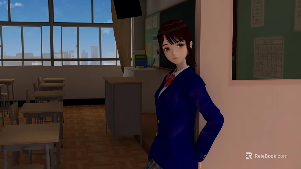 Schoolgirl In Blue School Uniform In Classroom With Desks Blackboard And City View From Window 3d model 