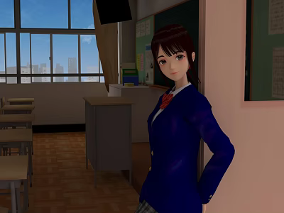 Schoolgirl In Blue School Uniform In Classroom With Desks Blackboard And City View From Window 3d model