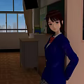 Schoolgirl In Blue School Uniform In Classroom With Desks Blackboard And City View From Window