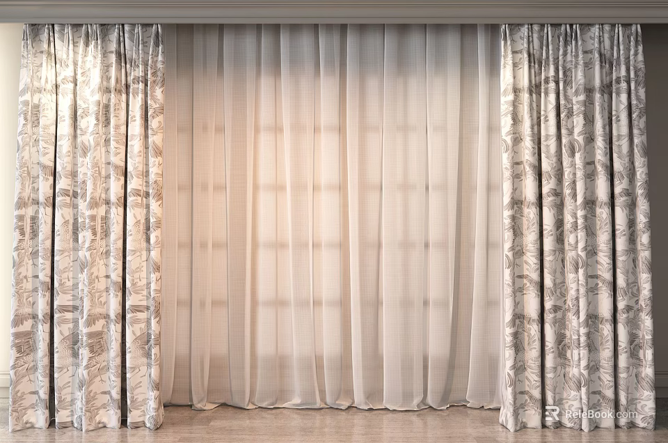 Elegant Modern Curtains With Sheer Panels And Patterned Side Drapes Design 3d model 